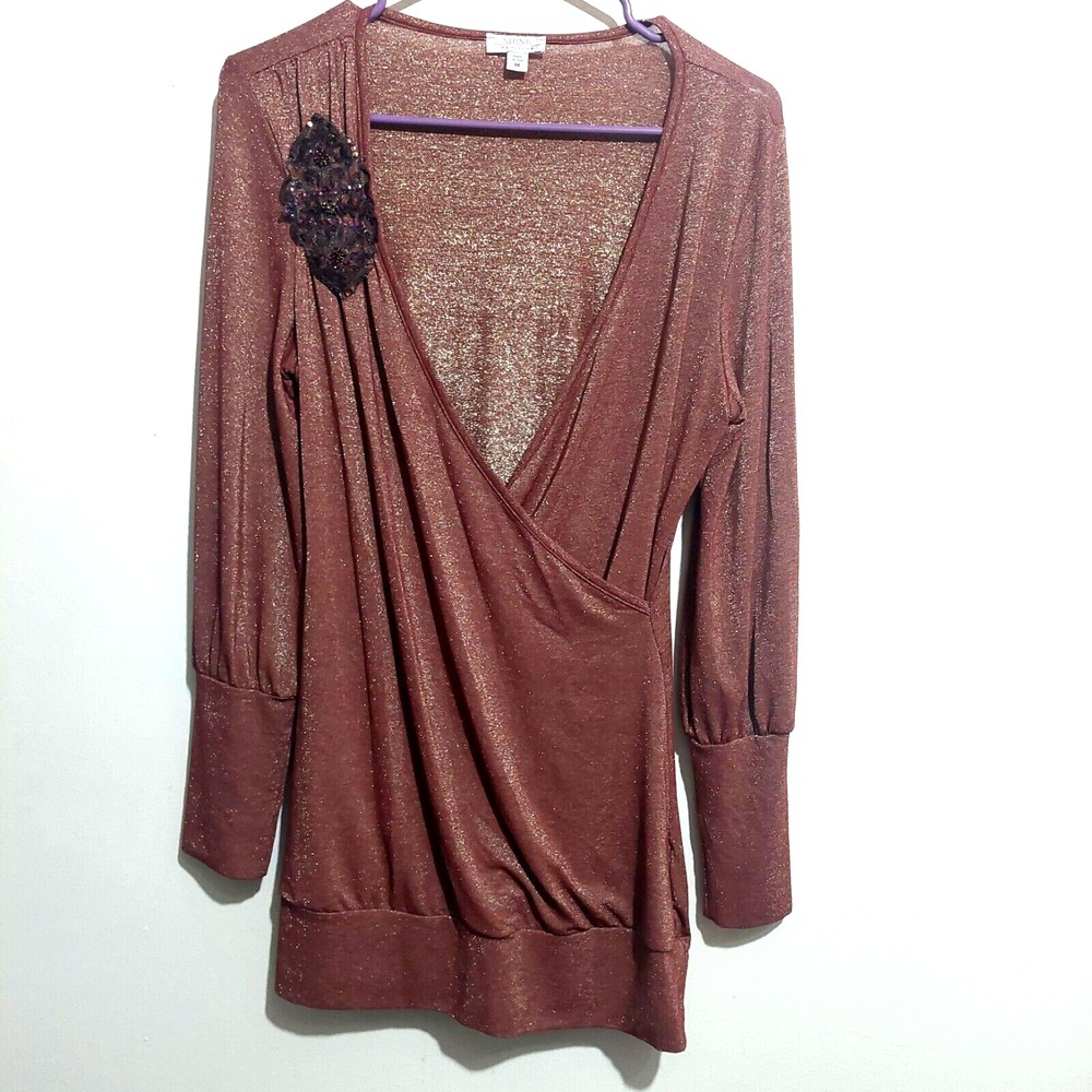 SHINE New York Womens Medium Popover Top Stretch Wrap Style Sparkle Metallic USA